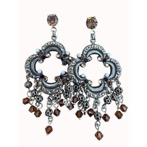 F.A.I.T.H. Dangle Earrings With Rhinestones & Beads Silver/Brown Womens New With